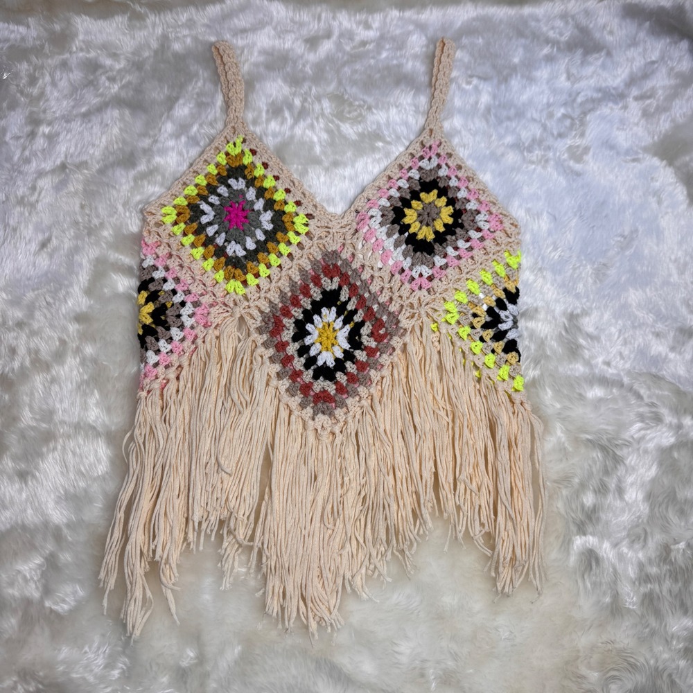 Sewn Seen Crochet Granny Square Fringe Tank Top Neon Boho Festival Fray‎ Medium